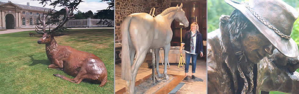 Woburn stag, Sculptor Mairi Hunt with her lifesize horse sculpture, lifesize sculpture of scarecrow